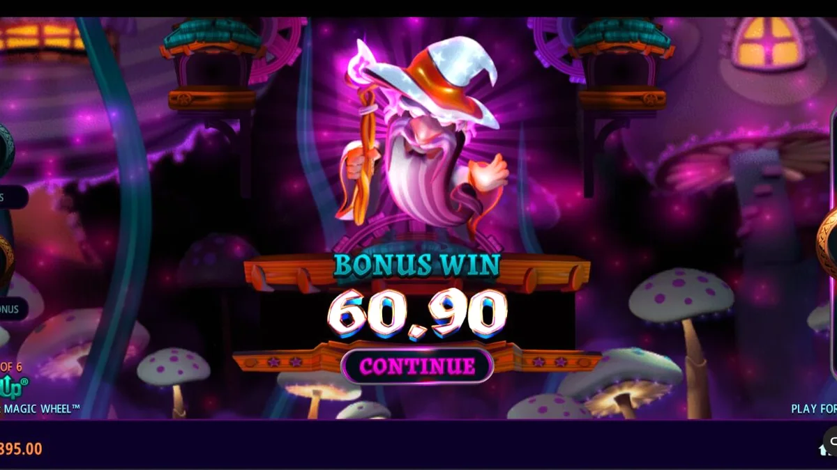 Pemandangan magis dari slot Fire Gnomes 2 Magic Wheel dengan elemen jamur dan gnome.