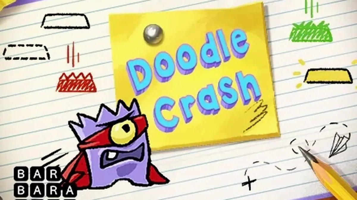 Tampilan visual game Doodle Crash dengan gaya coretan tangan yang unik